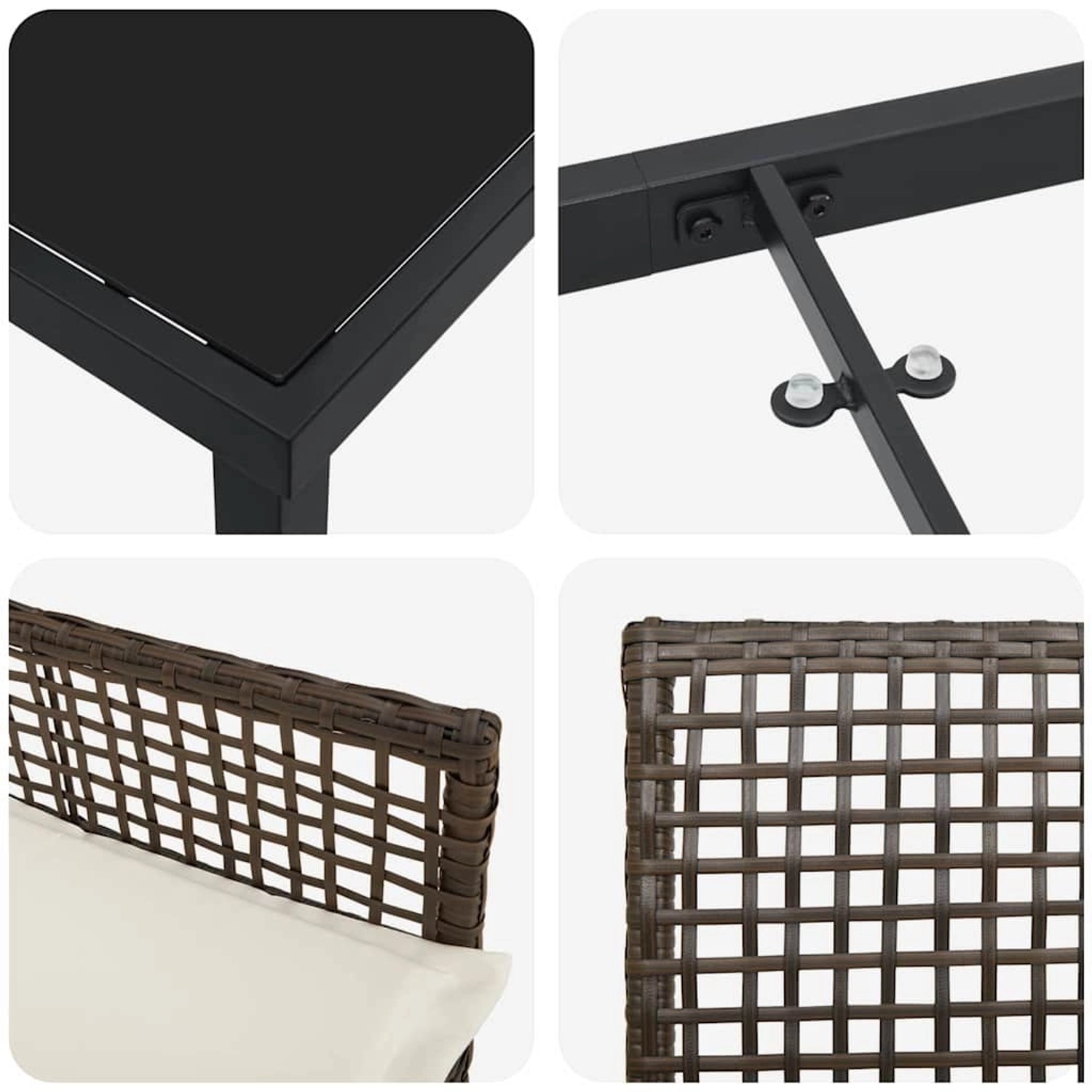 Detailansichten des braunen vidaXL Garten Esszimmer Sets mit Polyrattan, bestehend aus Tisch und Stühlen.