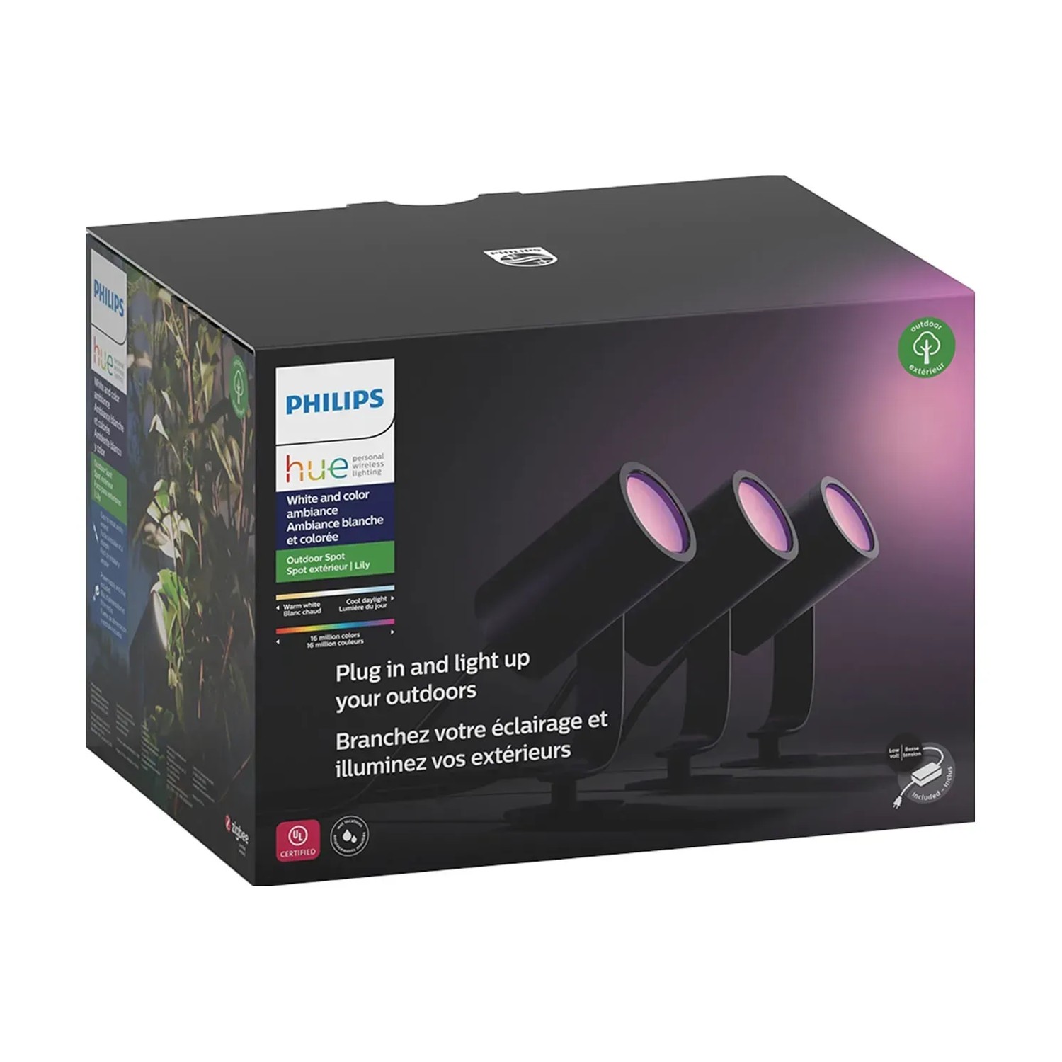 Philips Hue Lily Basis-Set: 3-flammiger LED-Spot für den Garten, smarte Außenbeleuchtung in Schwarz.