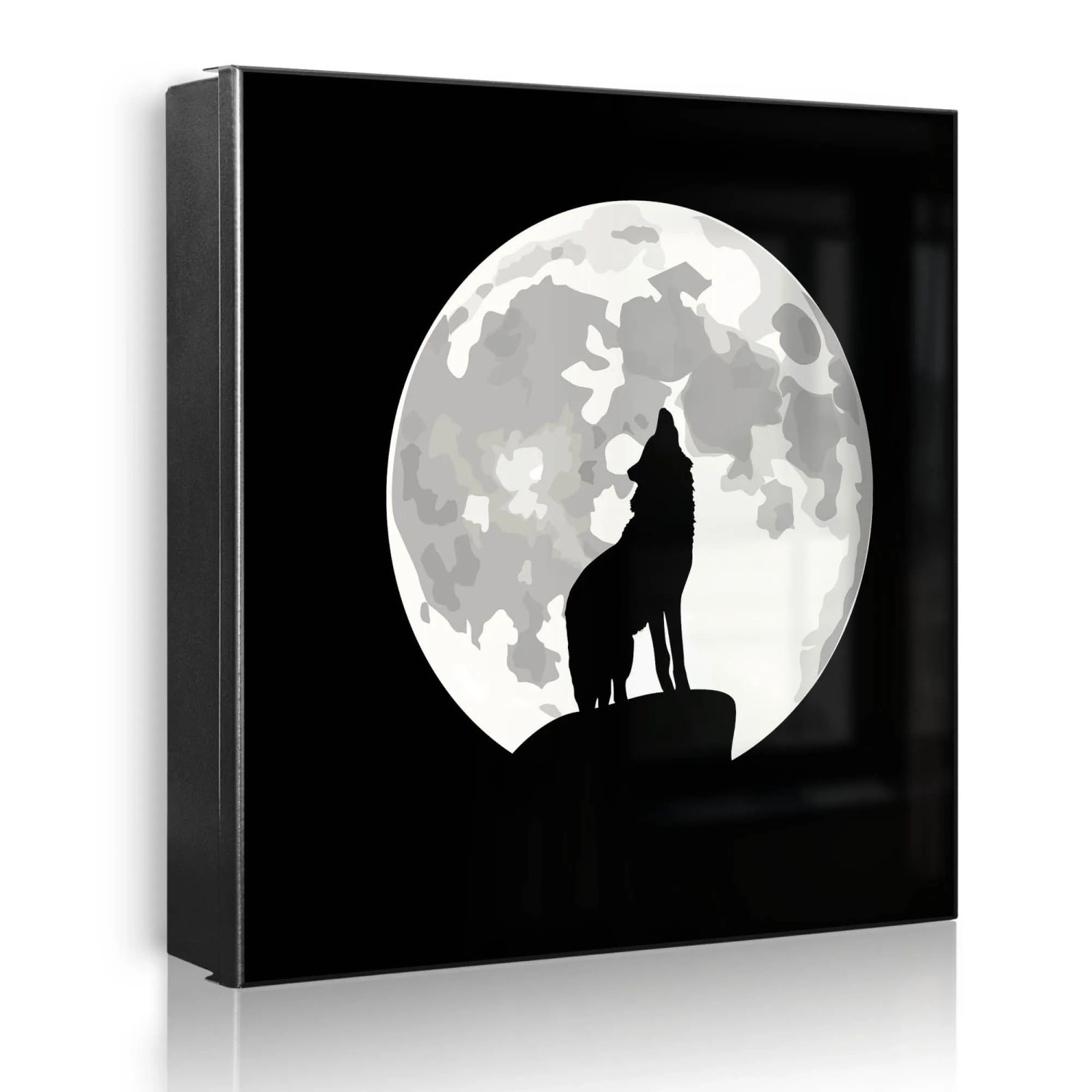 Banjado Großer Schlüsselkasten Metall 30x30cm Schwarz Scharnier Rechts 32 Haken Beschreibbar Magnetisch Motiv Heulender Wolf Sw