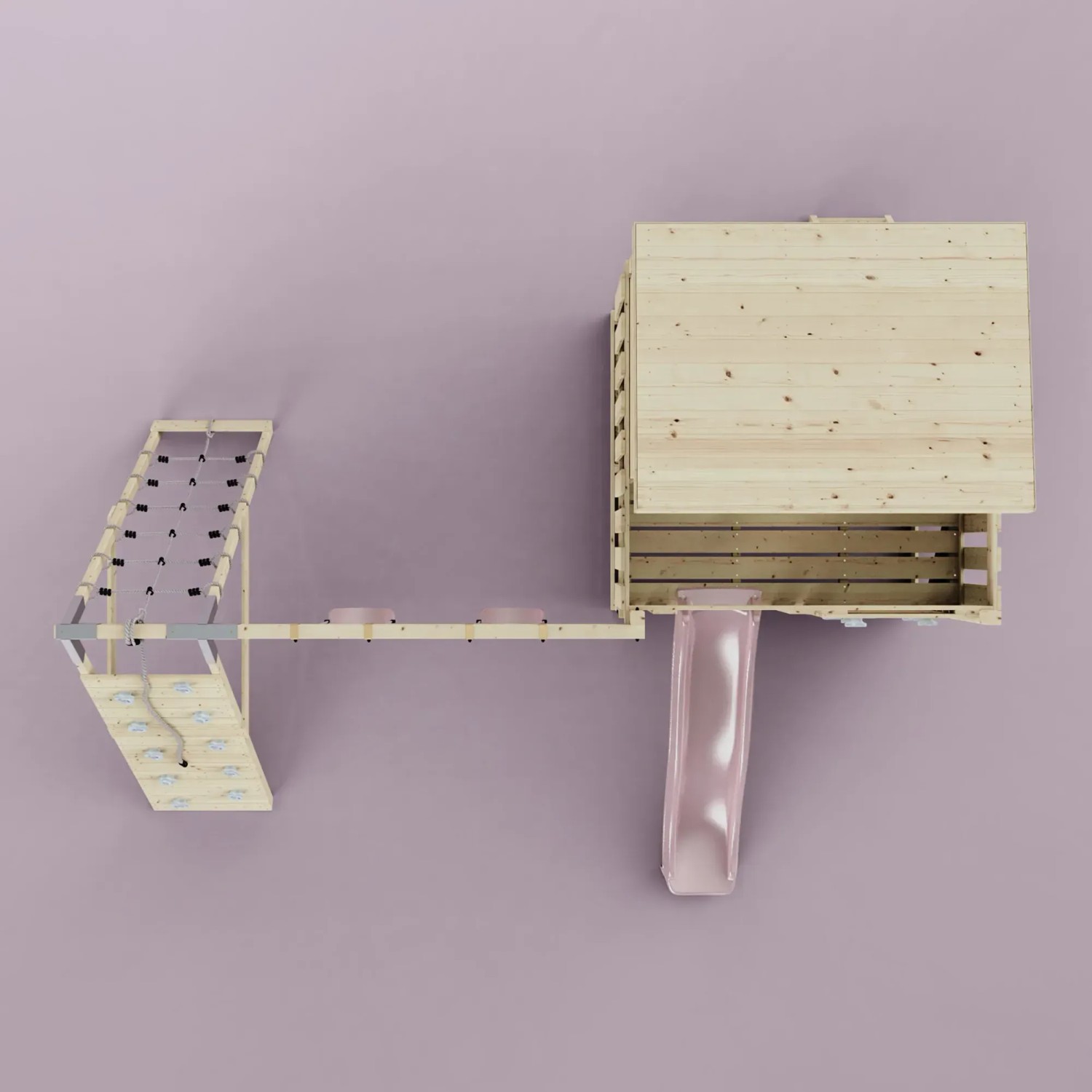PolarPlay Spielturm Aksel altrosa mit Rutsche, Kletterwand und Schaukel. Holzspielturm für Kinder.