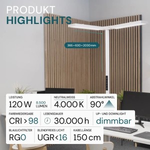 Weiße LUXULA LED Büro Stehleuchte mit Doppelkopf, dimmbar, für blendfreies Licht.