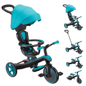 Globber Explorer Trike 4in1 Kinderwagen Dreirad und Laufrad 10/8,5 Zoll TPR-Sitz Höhenverstellbar Türkis