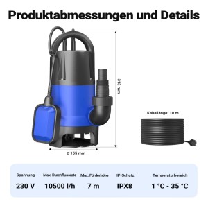 Wiltec Schmutzwasserpumpe, blau-schwarz, mit Schwimmerschalter. Zeigt Abmessungen und technische Daten: 10500 l/h, 7m Förderhöhe.