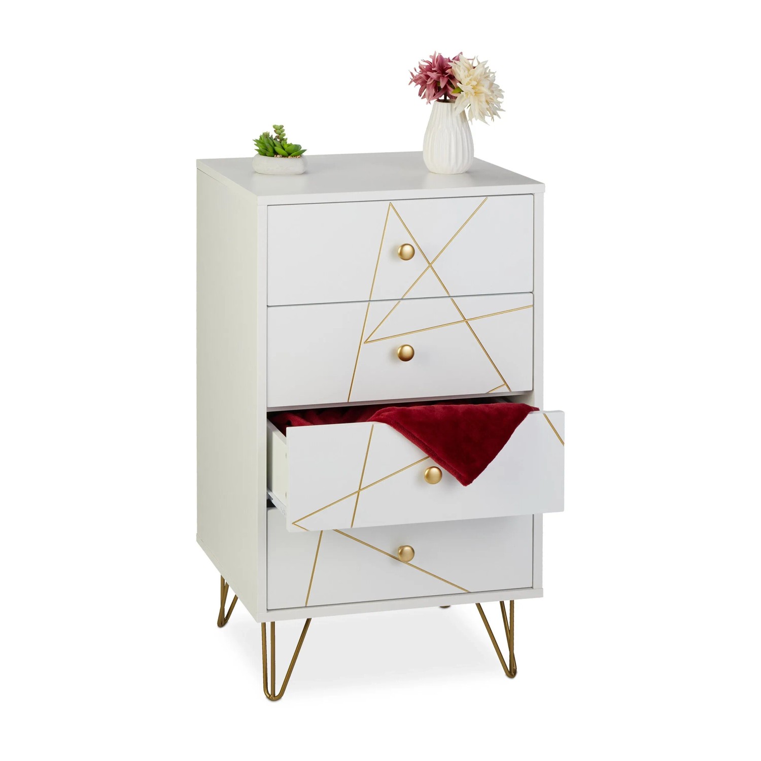 Relaxdays Kommode mit 4 Schubladen MDF Spanplatte Eisen Weiß Gold 86 cm x 48 cm x 39 cm 21,3 kg