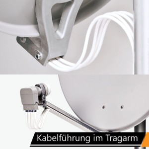 Detail der hb-digital SAT Anlage: Saubere Kabelführung im Tragarm mit LNB und weißen Kabeln. Für Satellitenempfang.