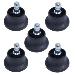 Fünf schwarze Bodengleiter K72 mit 11mm Metallstift für Stühle. Sorgen für stabilen Stand und Bodenschutz.