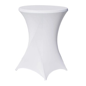 Weiße TRUTZHOLM Stehtischhusse aus Stretch, passend für Tische mit 80cm Durchmesser. Wohntextilien für Events.