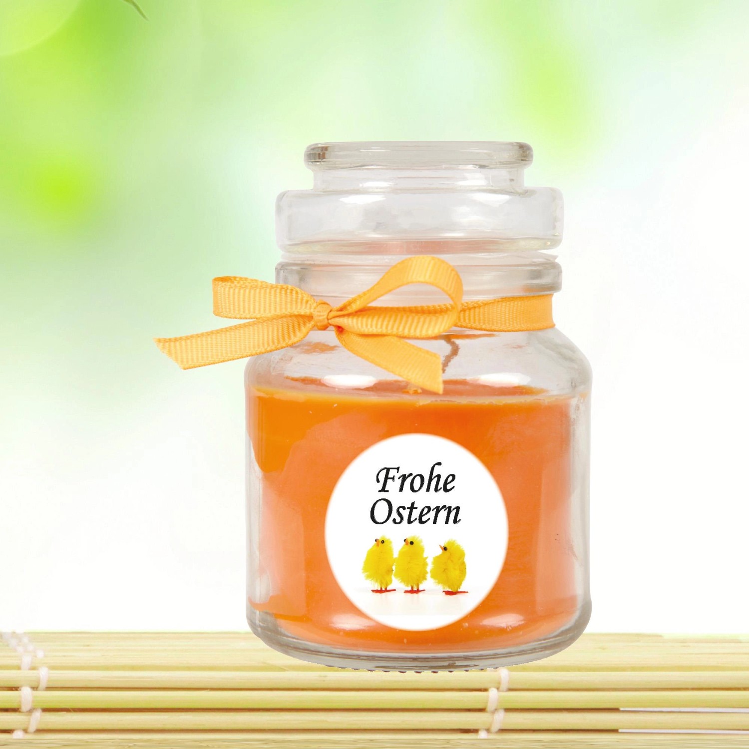 Duftkerze Frohe Ostern im Glas mit Küken-Motiv und Honigmelonen-Duft, Ø7cm.