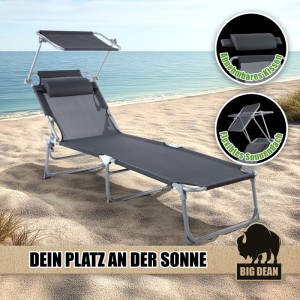 Klappbare, dunkelgraue BigDean Sonnenliege mit Kopfkissen und Sonnendach, belastbar bis 150 kg.