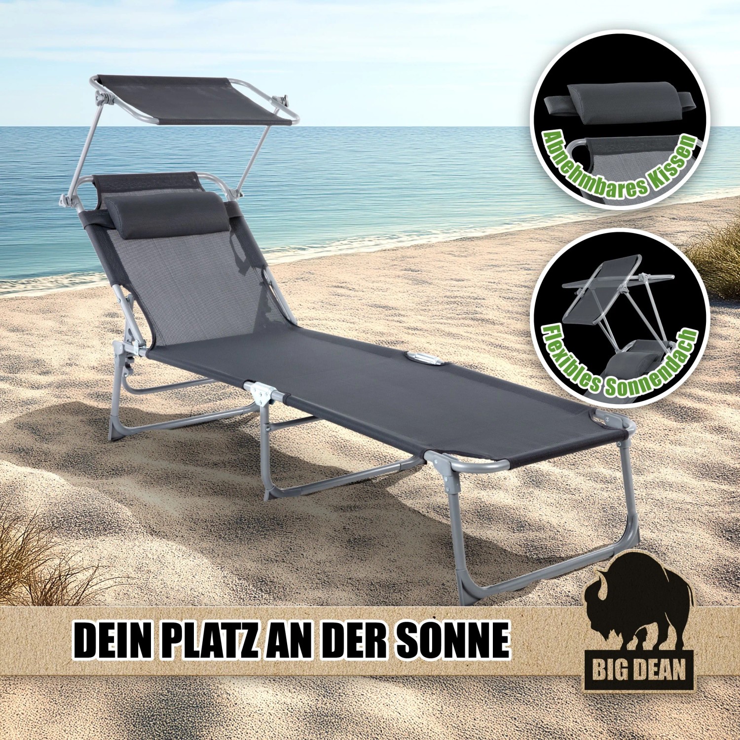 Klappbare, dunkelgraue BigDean Sonnenliege mit Kopfkissen und Sonnendach, belastbar bis 150 kg.