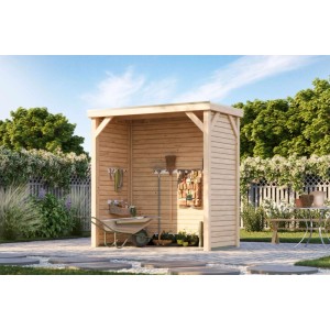 Karibu Grillpavillon/Snackautomaten-Unterstand aus Holz mit Rück- und Seitenwänden im Garten.