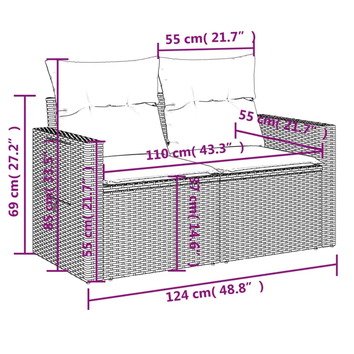 Schwarze 7-tlg. vidaXL Garten-Sofagarnitur aus Rattan mit Kissen, Maße siehe Grafik.
