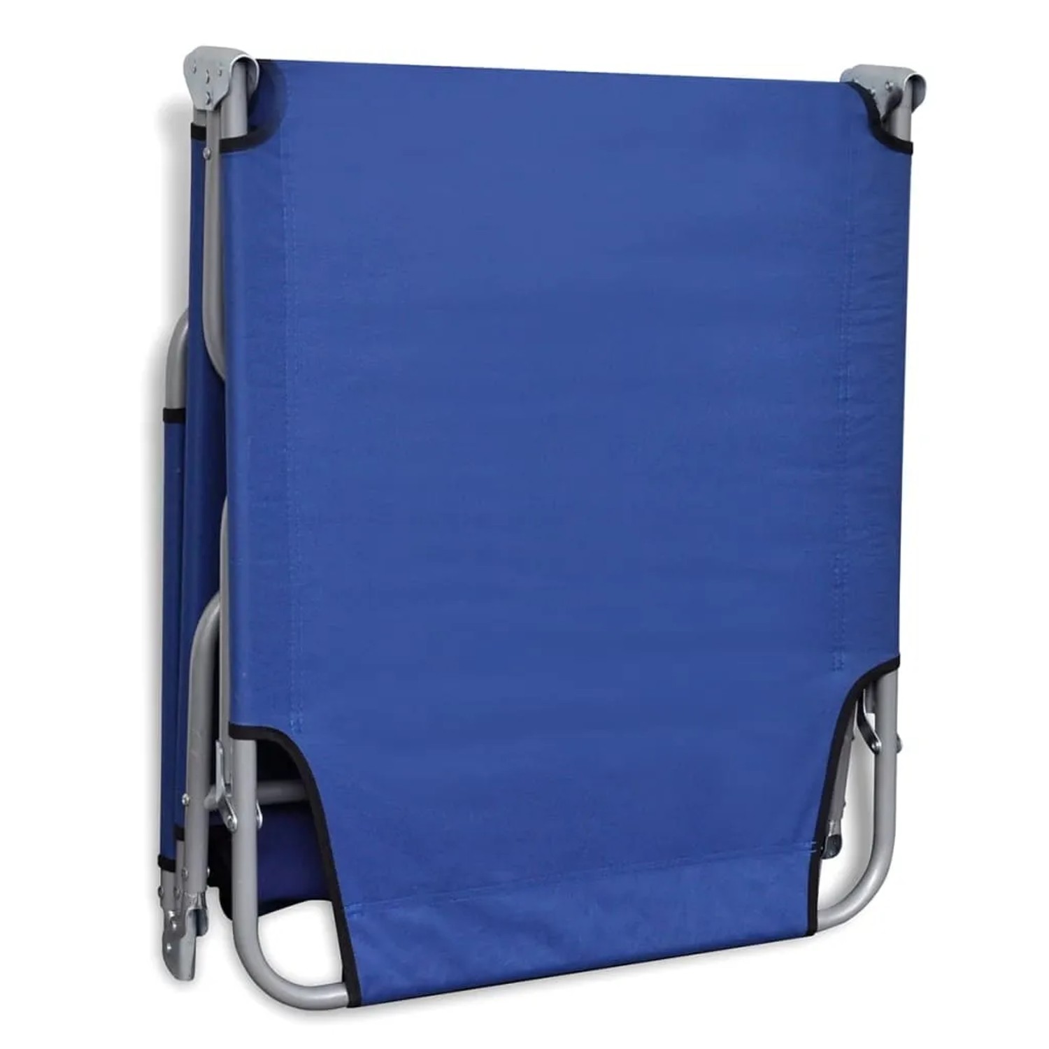Zusammengeklappte, blaue vidaXL Sonnenliege aus pulverbeschichtetem Stahl. Praktisch für Transport und Lagerung.