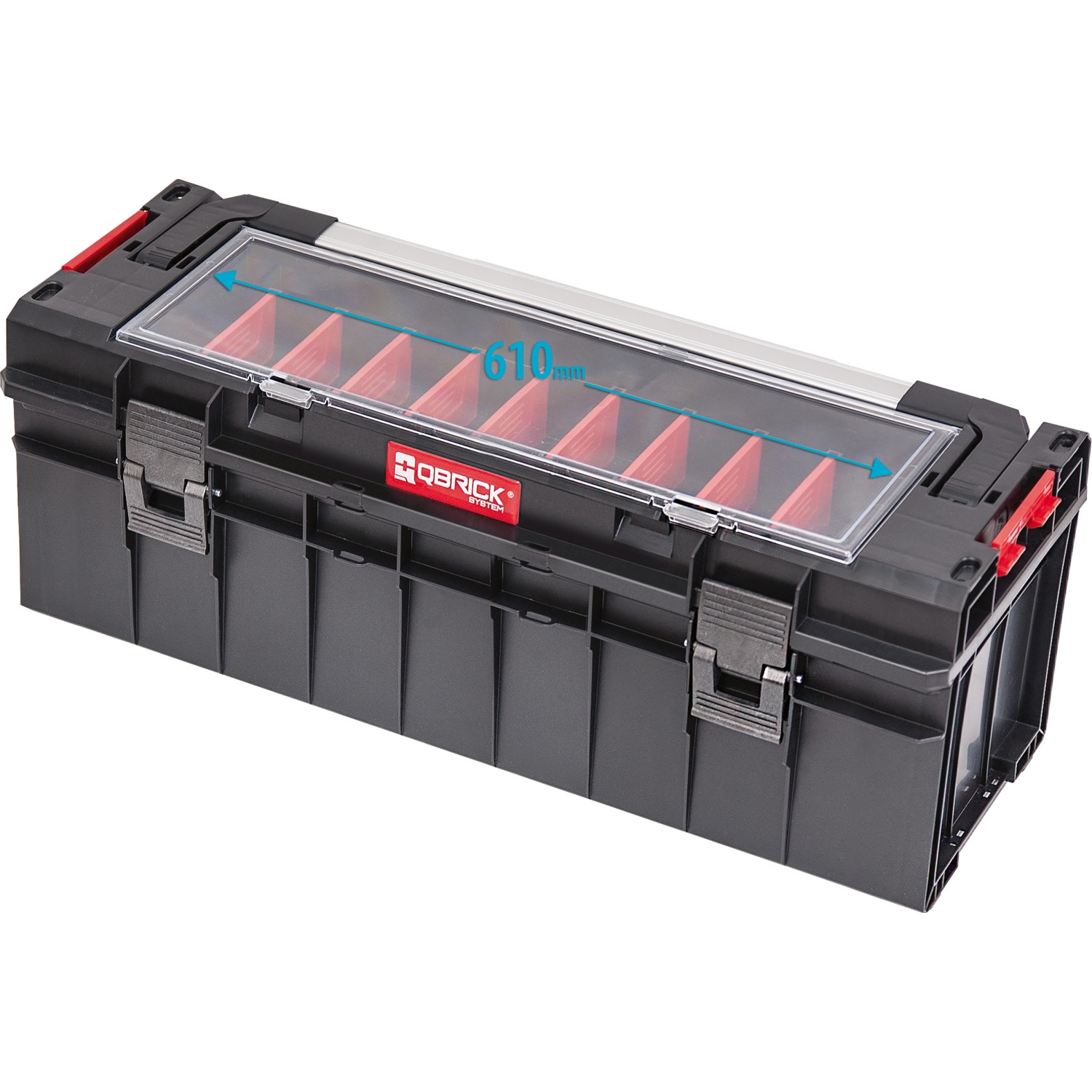 QBRICK Werkzeugkoffer PRO 700 Expert, schwarzer Werkzeugkasten mit transparentem Deckel und Organizer.