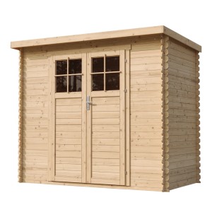 Timbela Holz Gartenhaus M310F+M310G mit Boden, naturbelassen, mit Doppeltür und Fenstern.