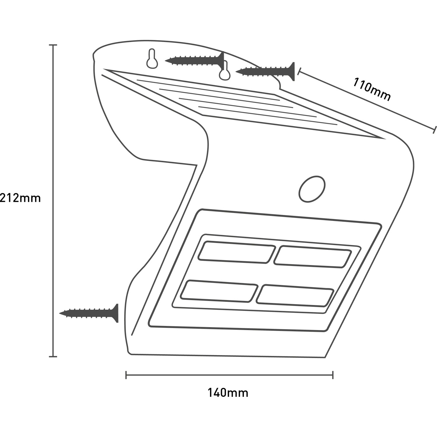 Skizze der schwarzen Butterfly Solar Batterieleuchte mit Maßen für Wandmontage.