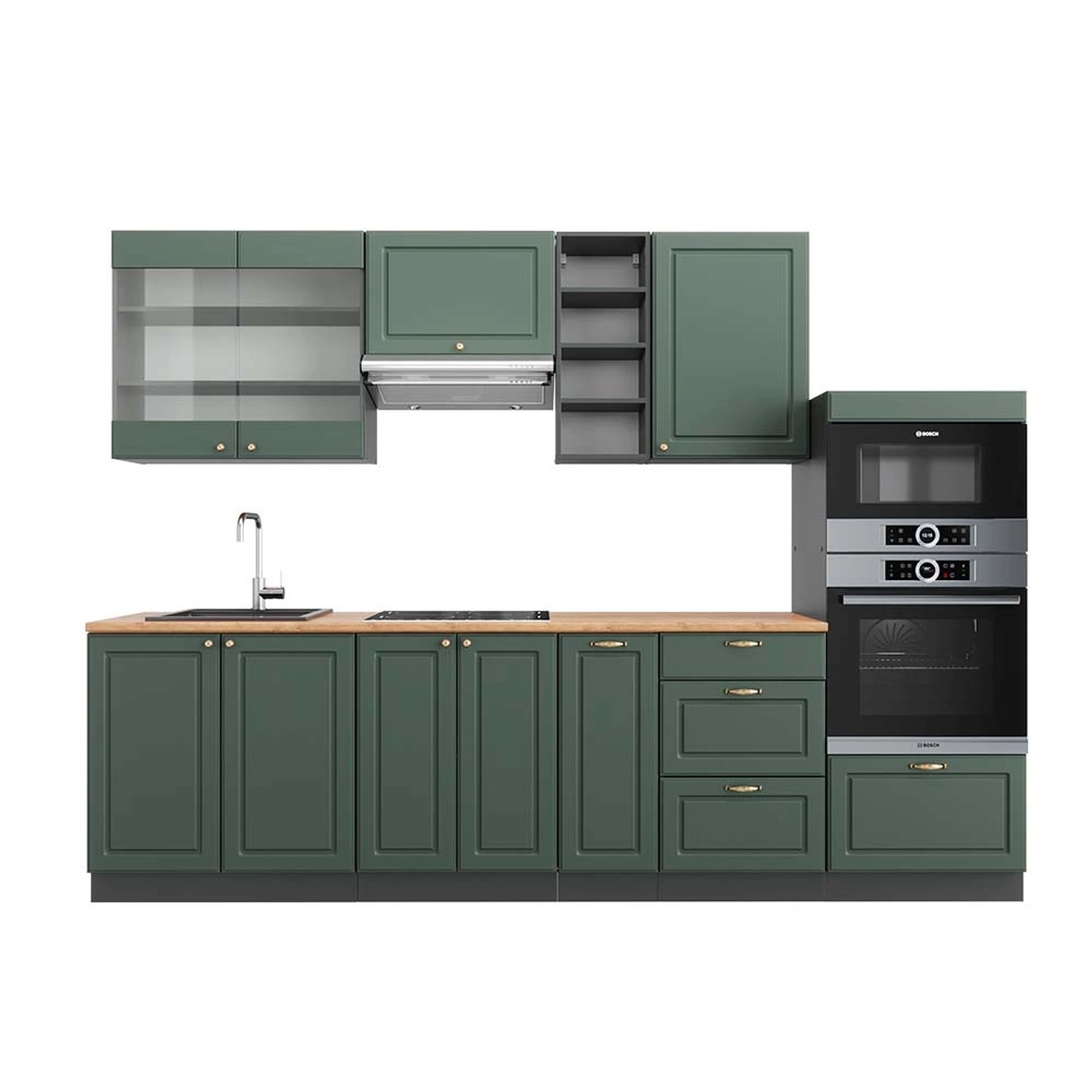 Vicco Fame-Line Küchenzeile Grün-Gold Landhaus/Anthrazit 280 cm AP Eiche günstig online kaufen