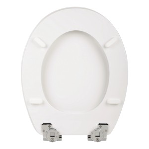 Weißer WC-Sitz Coffee Cloud mit Absenkautomatik und Chrom-Scharnieren.