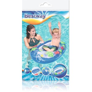 Bestway Kiddie Raft Schlauchboot, blau mit Fenster und Kind im Wasser.