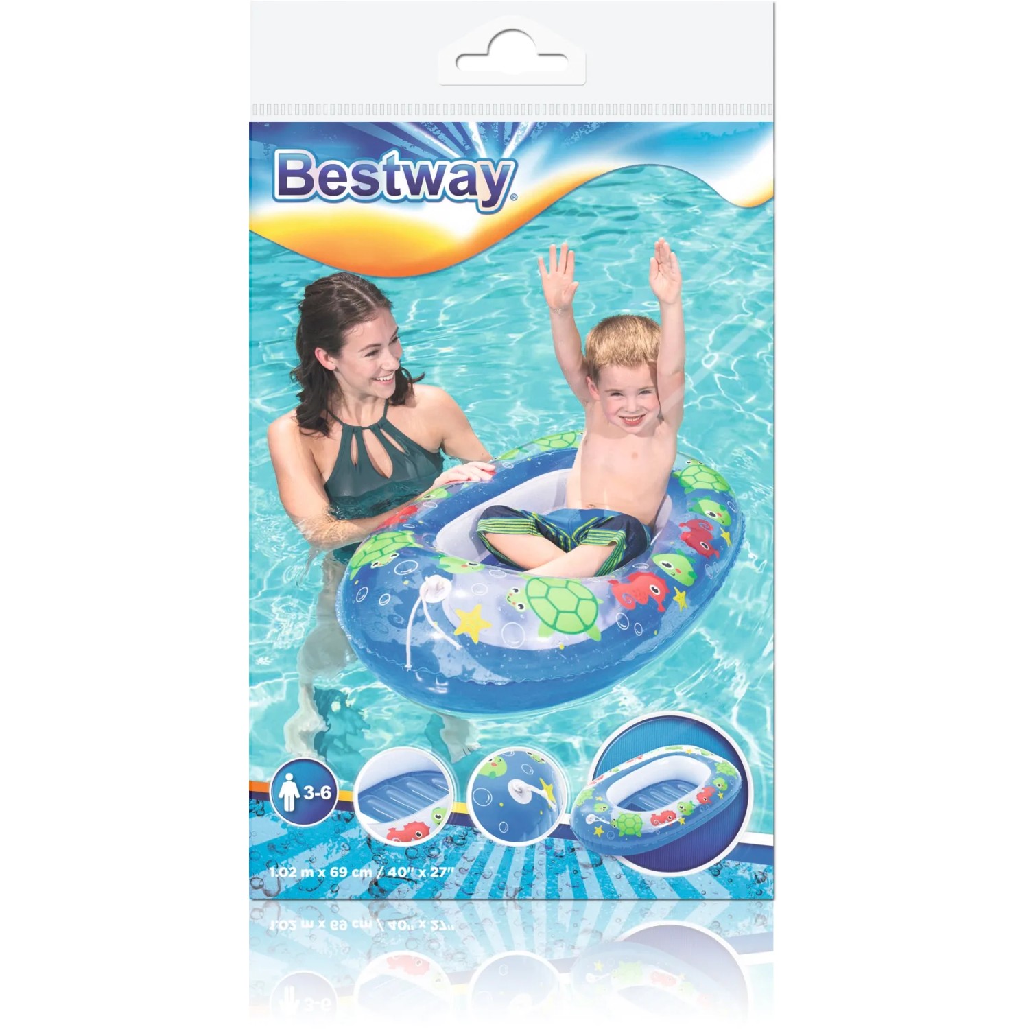 Bestway Kiddie Raft Schlauchboot, blau mit Fenster und Kind im Wasser.