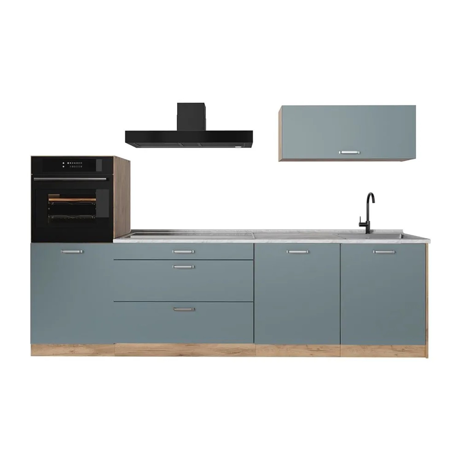 Vicco Küchenzeile R-Line Blau-Grau/Goldkraft Eiche 280 x 143 Arbeitsplatte Marmor Art Nr 67259
