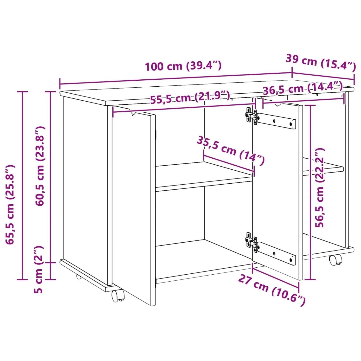 vidaXL Rollschrank Mit Rad Weiß 100 x 39 x 65,5 cm Massivholz Kiefer 42028385_10
