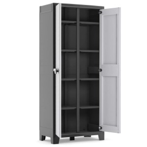 Keter Universalschrank Titan, schwarz-grau, 182 cm hoch, mit offenen Türen und Einlegeböden.