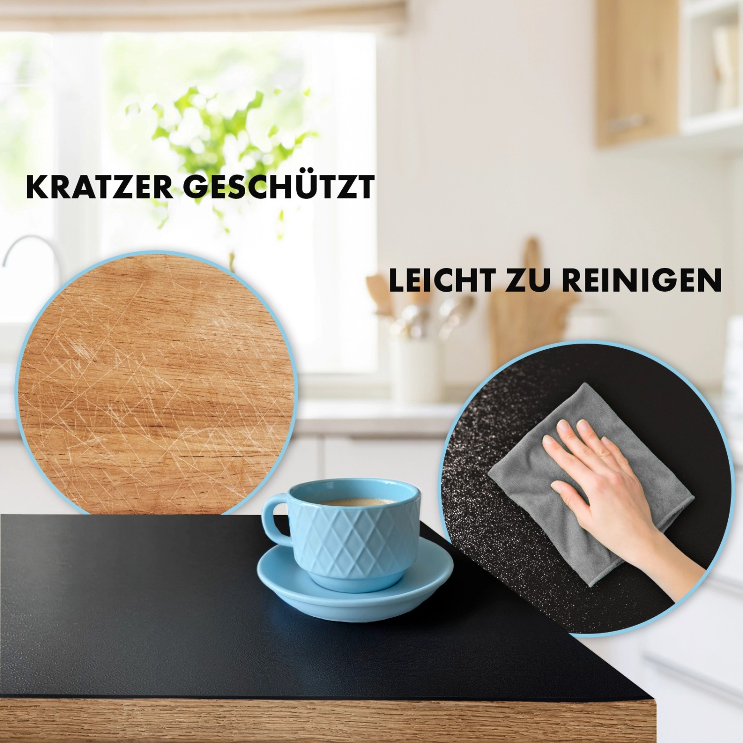 Schwarze KARAT Tischfolie Empire, 110x145cm, mit Kaffeetasse und Reinigungsdarstellung.