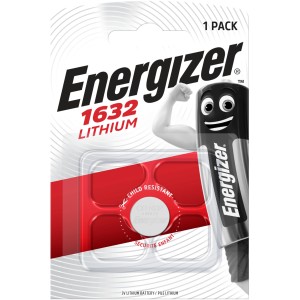 Energizer CR1632 Lithium Knopfzelle, 3V, 1 Stück, in roter Verpackung mit Kindersicherung.