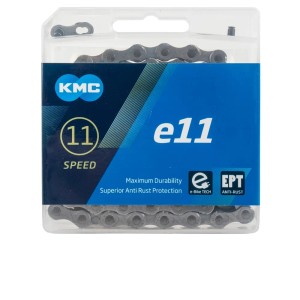 KMC E11 Fahrradkette, 11-fach, silber, für E-Bikes. Ersatzteil im transparenten Kunststoff.