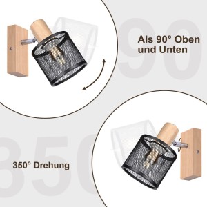 NETTLIFE Deckenstrahler: Schwarzer Metallschirm, Holzsockel. 90° neigbar, 350° drehbar für flexible Beleuchtung.