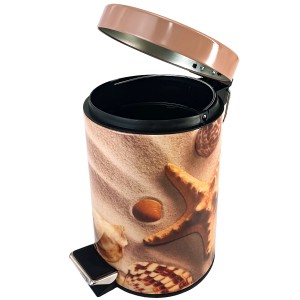 Offener Sanilo Kosmetikeimer Sanibel mit Strand-Motiv und Fußpedal.