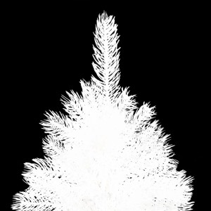 Detailaufnahme: Weißer, künstlicher Weihnachtsbaum mit naturgetreuen Nadeln, 210 cm hoch.