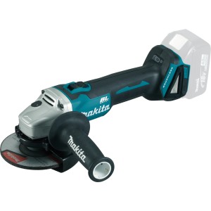Makita Akku-Winkelschleifer DGA504Z 18V Solo, mit Akku, Seitengriff und Schleifscheibe.