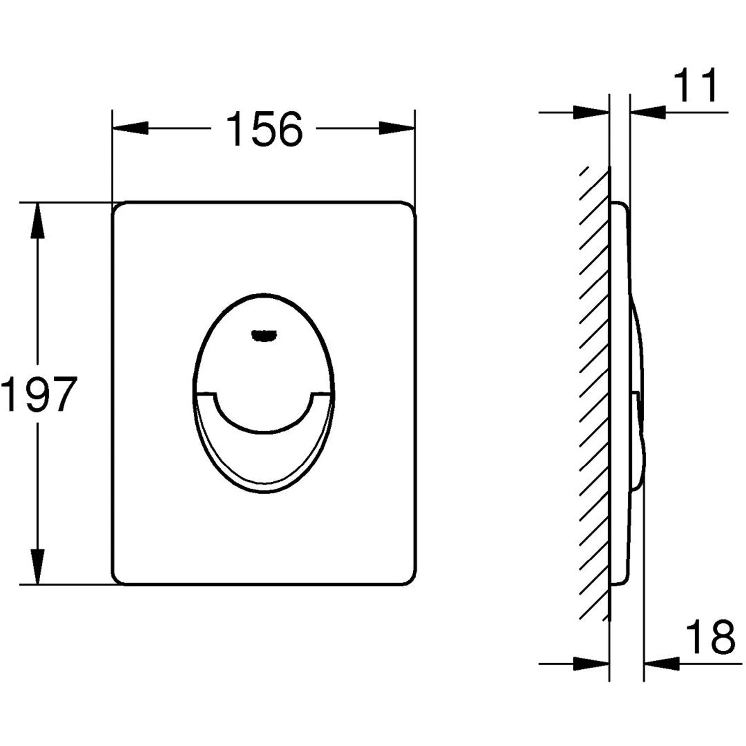 Grohe Start WC-Drückerplatte, matt schwarz, Maße 156x197mm, Schemazeichnung.