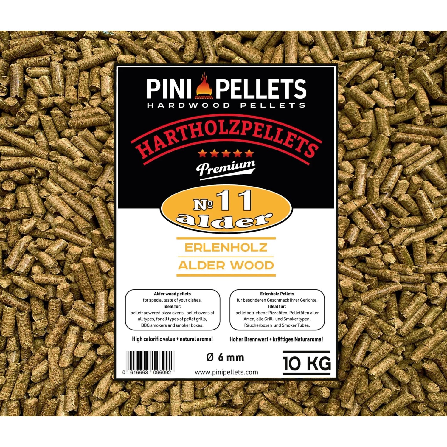 PINI Grillpellets aus Erlenholz, 10 kg, 6 mm Durchmesser. Hartholzpellets für BBQ, Grillen & Räuchern.