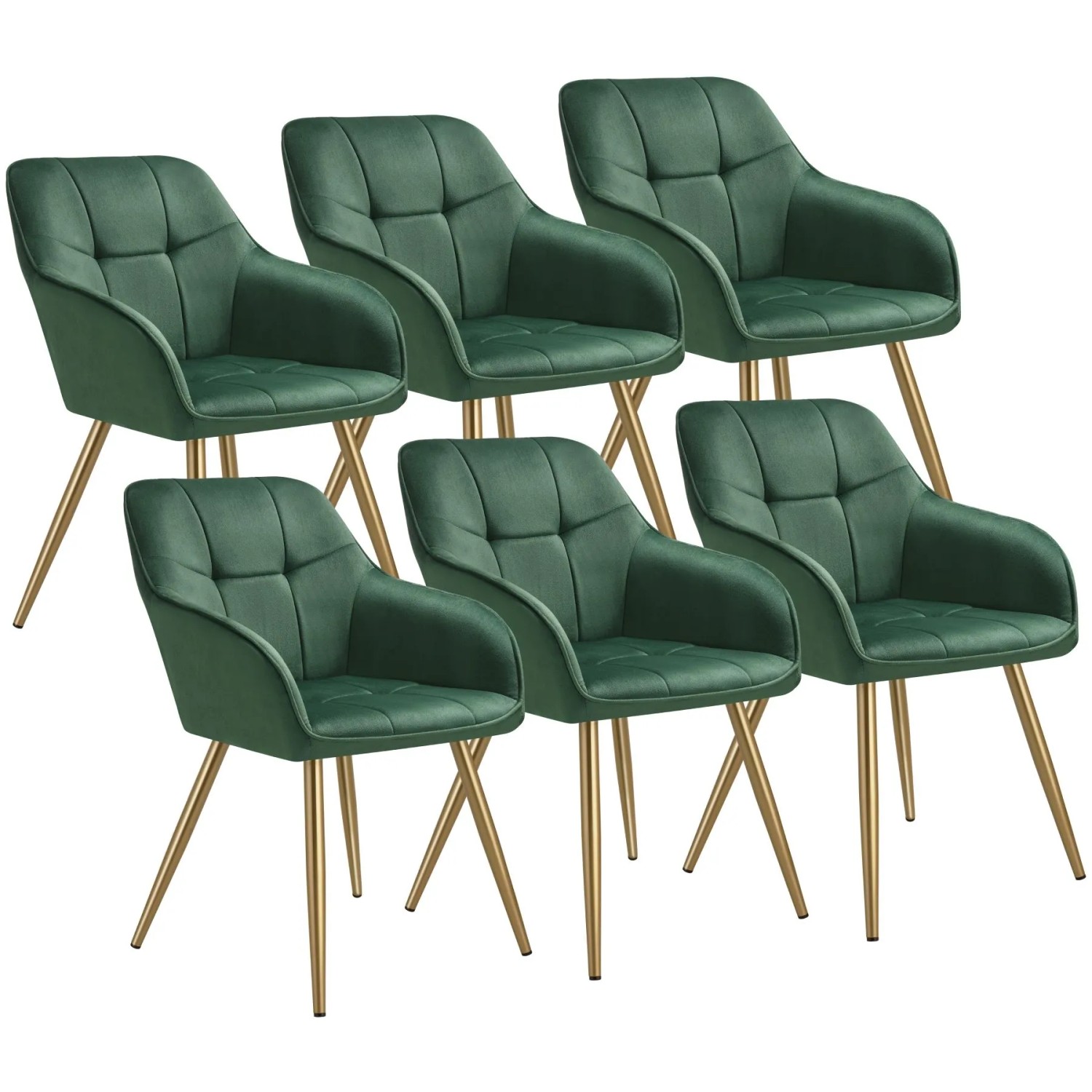 Tectake Esszimmerstuhl Marilyn Gepolstert  In Samtoptik  Gesteppt Durchgehende Lehne 6Er Set 62 x 58 x 82 cm Dunkelgrün Gold