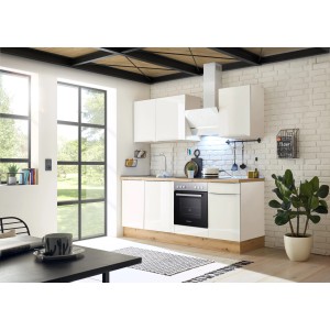 Respekta Küchenzeile Marleen 220 cm in Artisan-Eiche und Weiß mit E-Geräten.