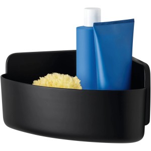 Schwarzer Tesa Lavaa Eckduschkorb (Medium) mit Duschgel, Shampoo und Schwamm.
