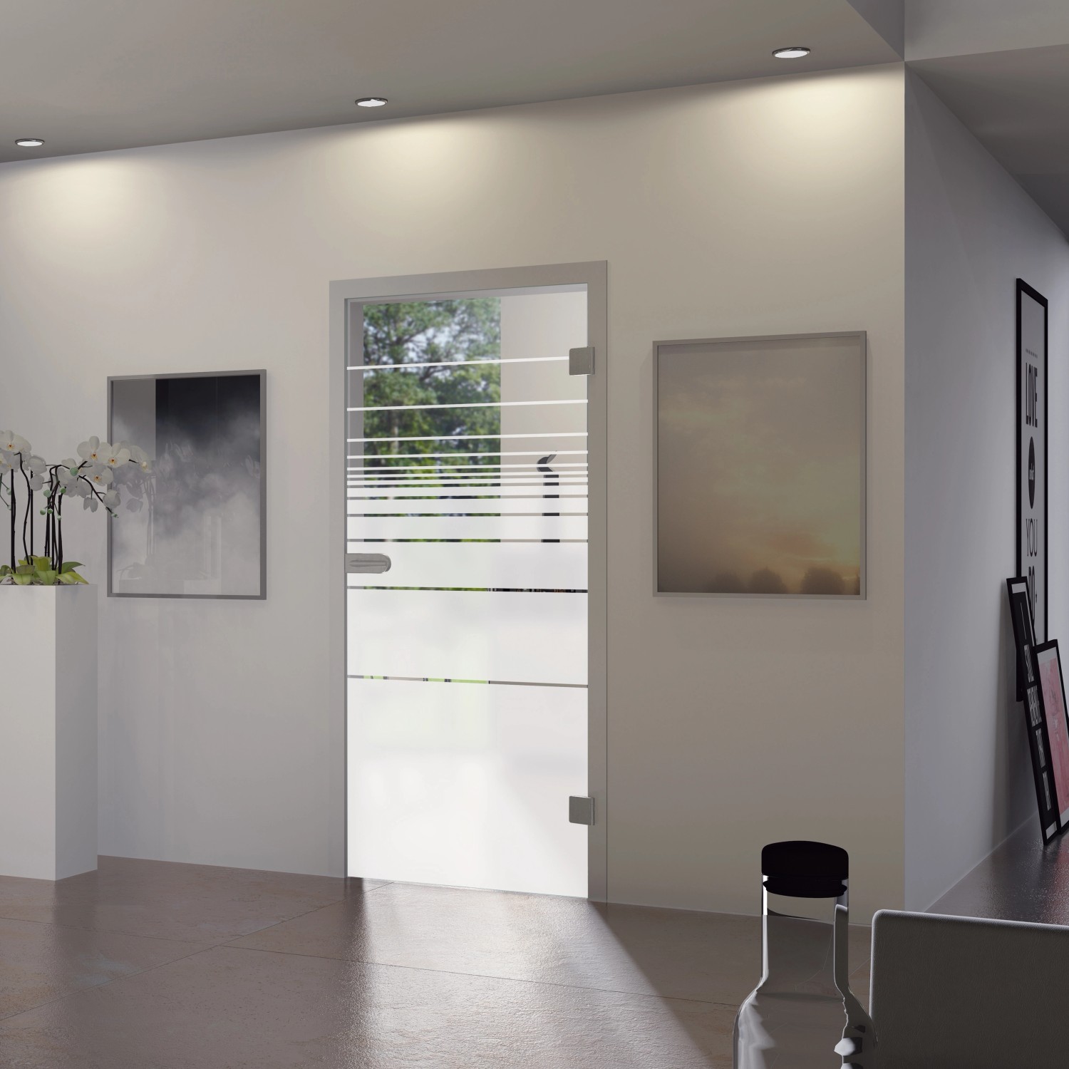 Glasdrehtür mit Siebdruck Dekor im Wohnraum, DIN Rechts. Glastür für mehr Licht im Raum.