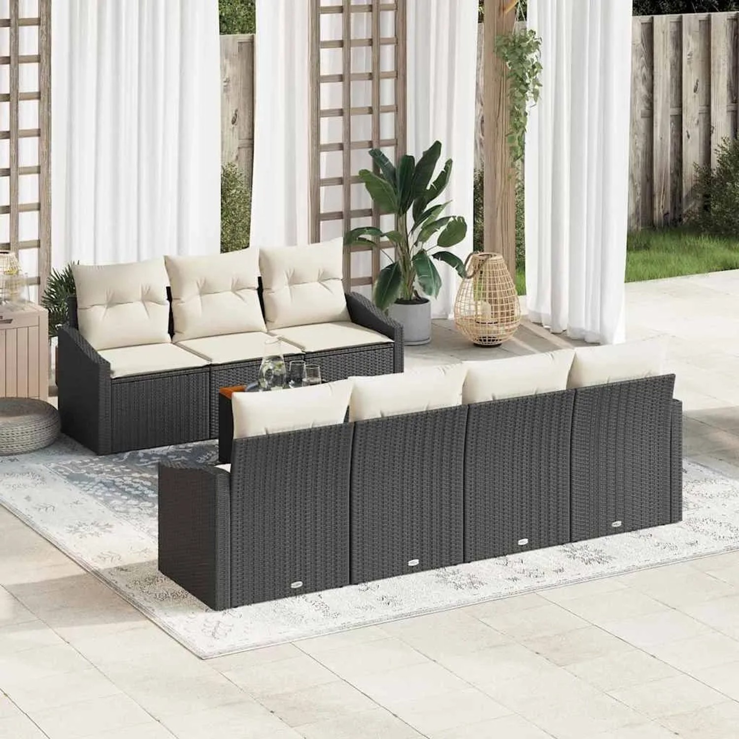 Schwarzes 8-teiliges Garten-Sofa-Set aus Poly Rattan mit Kissen von vidaXL.
