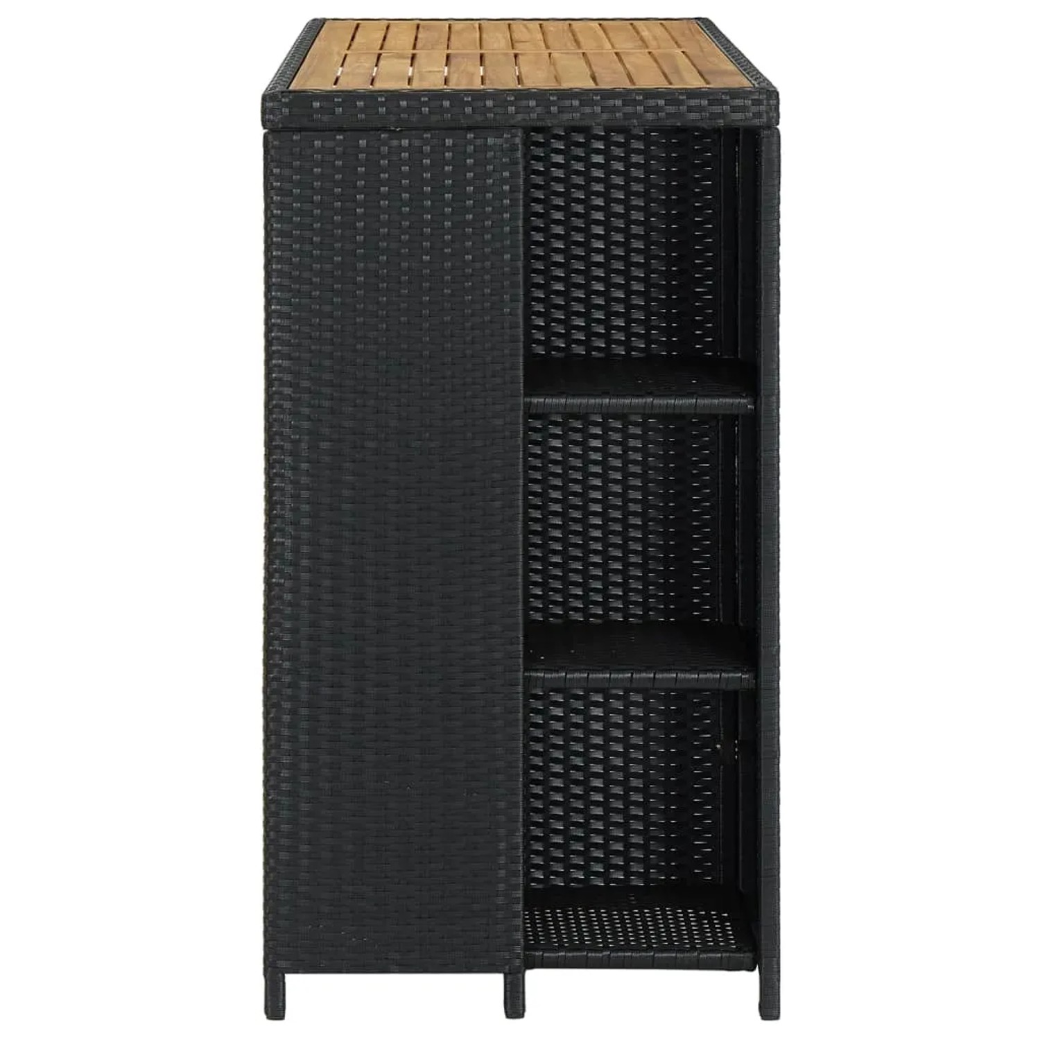 Schwarzer vidaXL Bartisch mit Regal aus Rattan und Akazienholz, 120x60x110 cm.