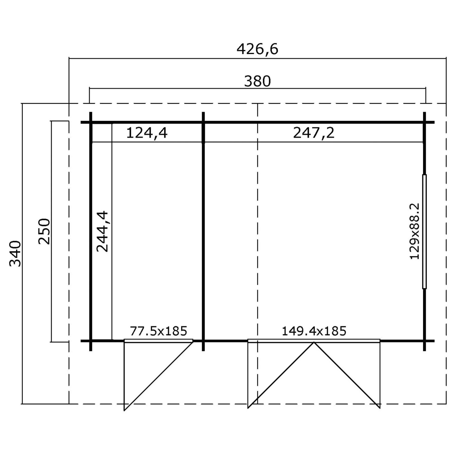 Grundriss Gartenhaus Keila 28, Schwedenrot, 380x250 cm, mit Maßen für Wände, Türen und Fenster.