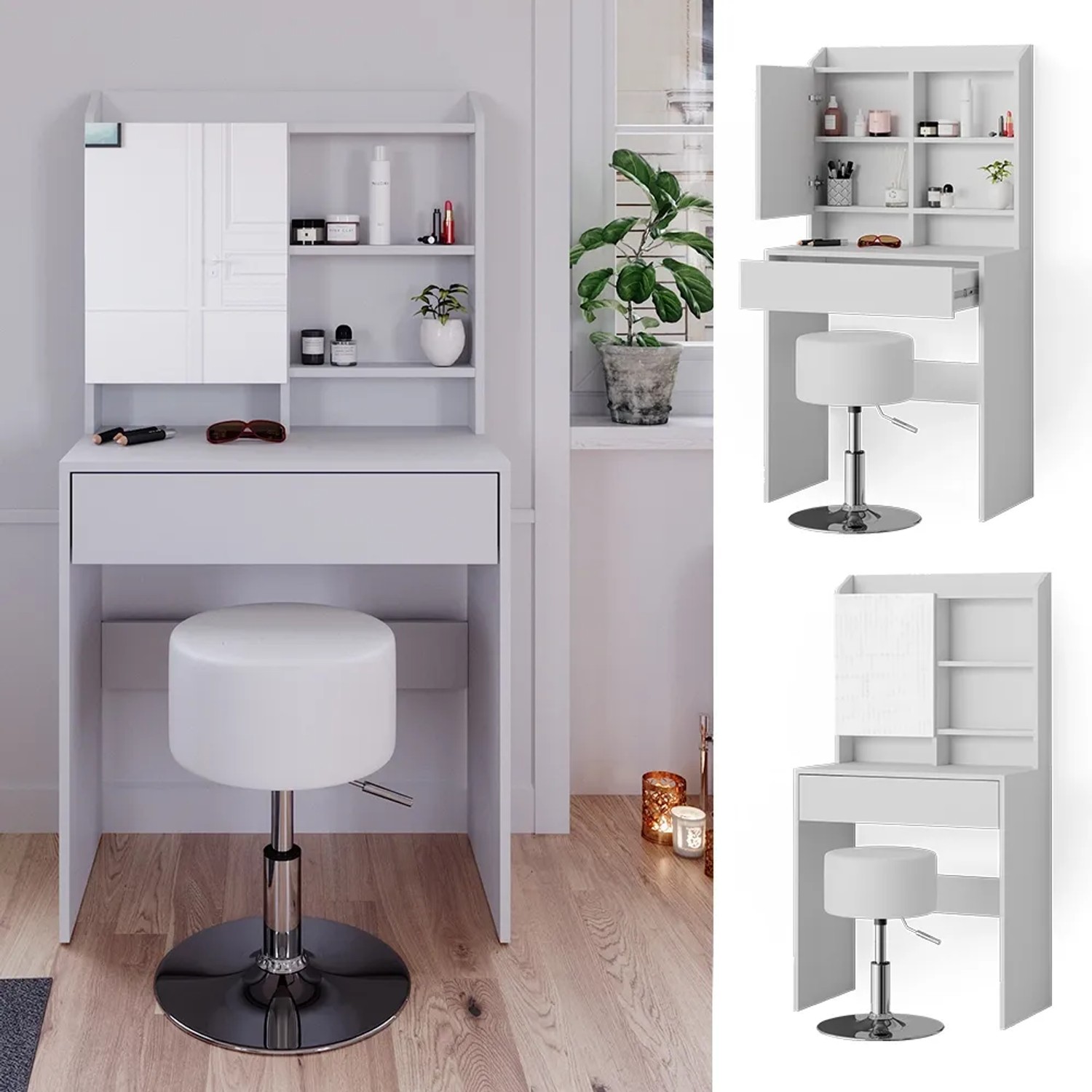 Weißer Vicco Schminktisch Laura (70 cm) mit Hocker und Spiegel.