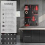Vierteilige, schwarz-rote Tectake Werkzeuglochwand mit Haken und Werkzeugen.