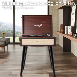 Retro Plattenspieler Cyberlux CL-3081 offen, mit Holzgehäuse, Bluetooth, USB, SD, FM-Radio auf Standfüßen im Wohnzimmer.