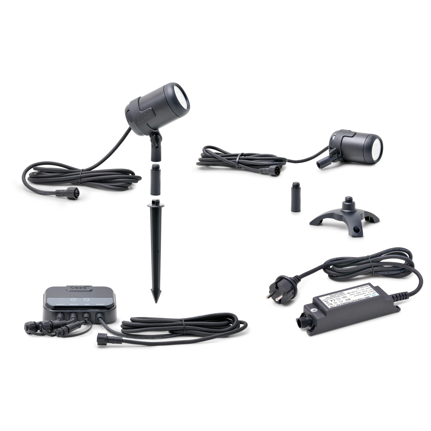 Oase LunAqua Connect Starter Set für Teichbeleuchtung mit Spots, Erdspieß, Controller und Netzteil.