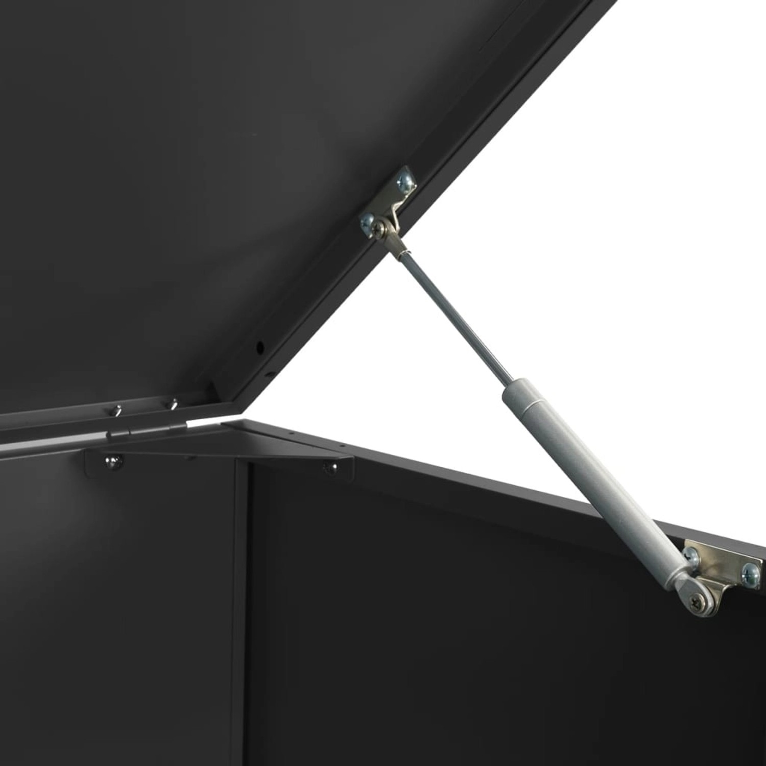 Detailansicht: Geöffnete Mülltonnenbox vidaXL für 4 Tonnen, schwarz, mit Gasdruckfeder.