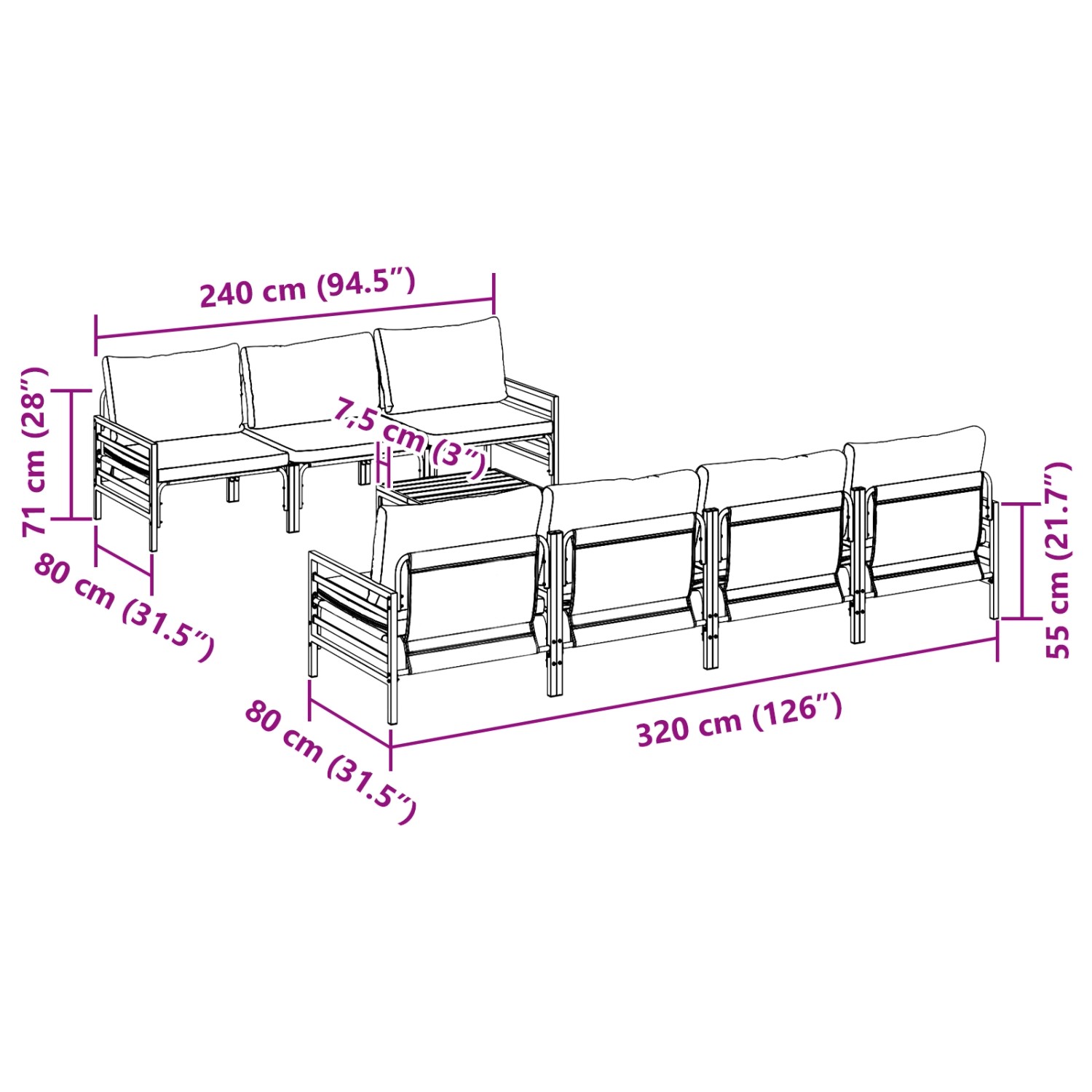 vidaXL Gartenmöbel-Set, 8-teilig, anthrazitfarben, mit Maßen. Ideal für Terrasse und Garten.