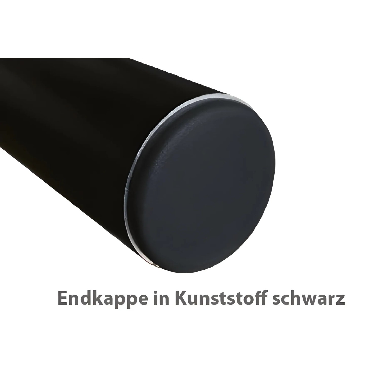Detailaufnahme: Schwarze Endkappe aus Kunststoff für Treba Geländer.